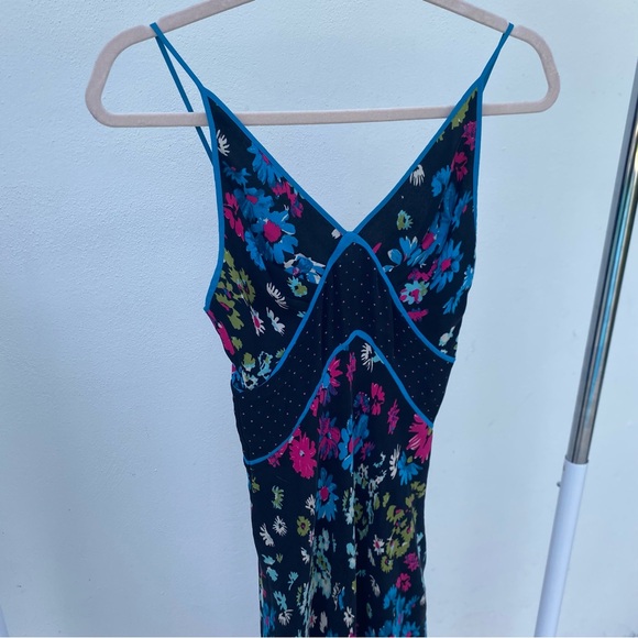 Y2K 100% Silk Black Multicolor Floral & Polka Dot Slip Dress Size 1/2 - Picture 2 of 10